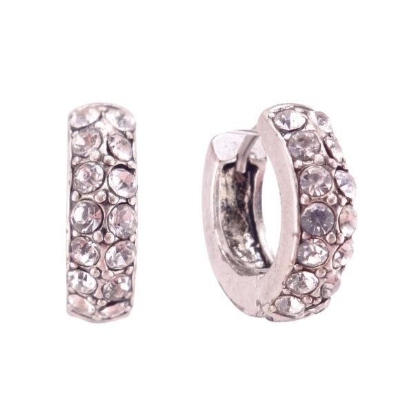 Fossil Clear Crystal Pave Silvertone Small Huggie Hoop Earrings NEW - Picture 2 of 3